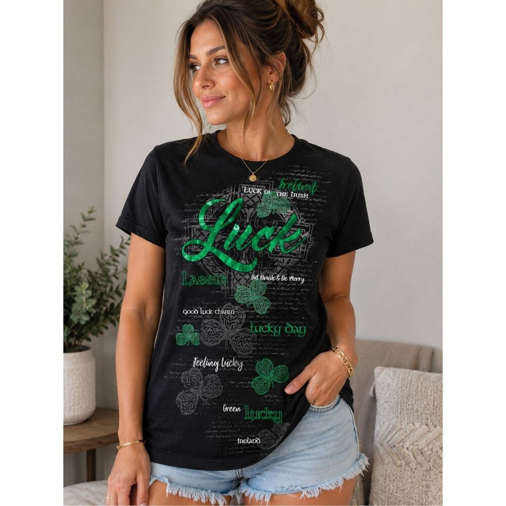 Lucky Irish Shamrock Graphic Tee Black St Patrick’s Day Shirt Large